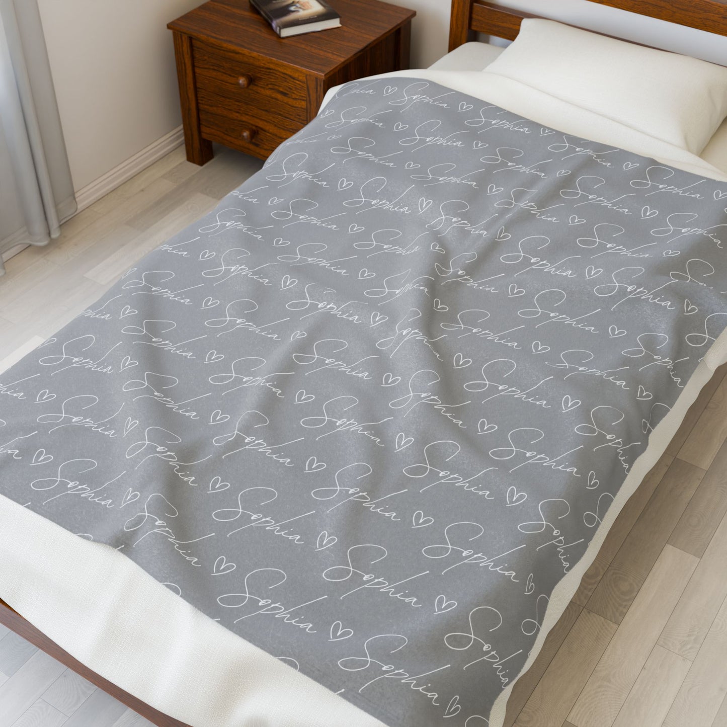 Personalized Gray / Heart Microfiber Blanket, Custom Cozy Throw